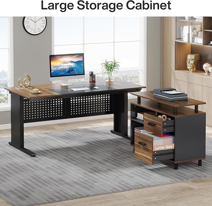 Tribesigns 63 Inch Executive Desk with File Cabinet Large Office Desk L Shaped Computer Desk with Drawers and Storage Shelves Business Furniture Desk Workstation for Home Office Brown and Black