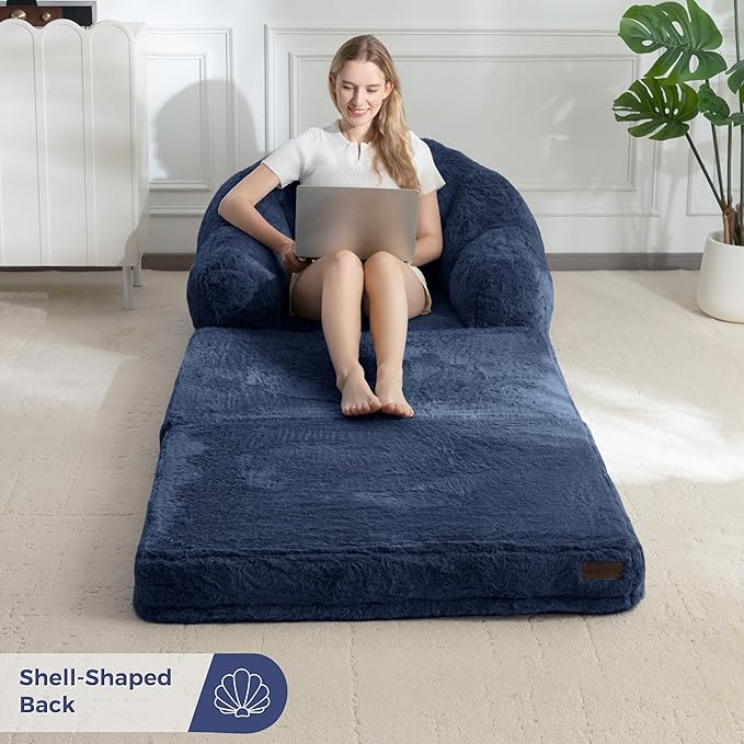 MAXYOYO Folding Sofa Bed 2 in 1 Convertible Sofa to Lounger Comfy Single Bean Bag Chair for Adults Floor Sleeper Couch with Handle Faux Fur Couch Bed for Living Room Bedroom Navy