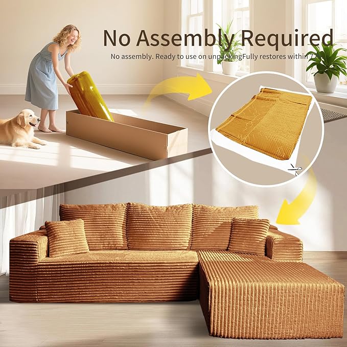 106'' Cloud Sectional Couch with L-Shape Chaise Boneless Modular Sofa with Deep Seat Modern Corduroy Couch for Living Room No Assembly Required. (Yellow Right-Facing Chaise)
