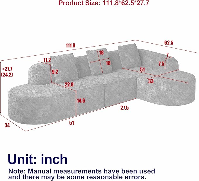 111.8' Curved Sectional Cloud Sofa Modern L Shaped Couch with Chaise &amp Pillows Comfy Upholstered Deep Seat Compression Boneless Sofa for Living Room Office No Assembly Required Right Facing W