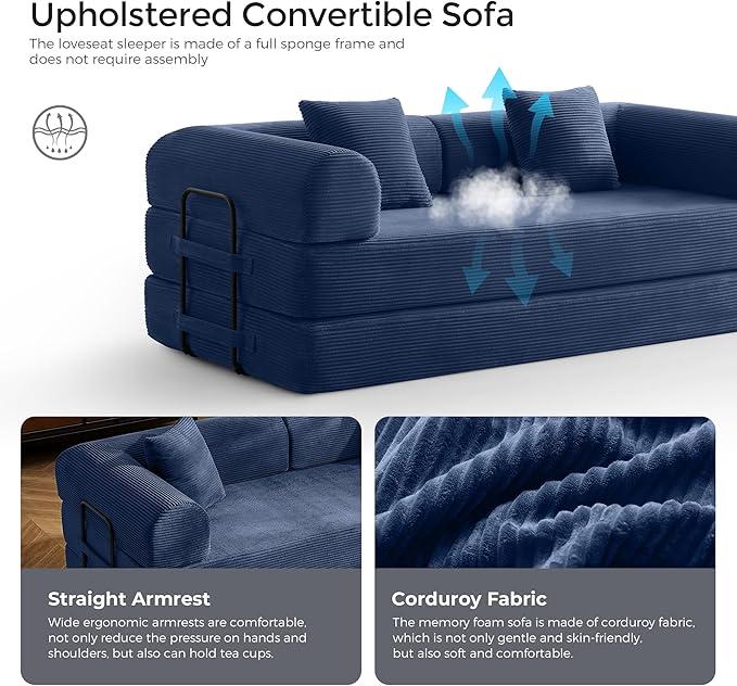 79 Convertible Sofa Bed with Fixed-Shape Frame &amp Removable Armrests Modular Corduroy Sleeper Sofa Folding Mattress Couch for Small Spaces - No Assembly Needed in Navy Blue (Includes 2 Pillows)
