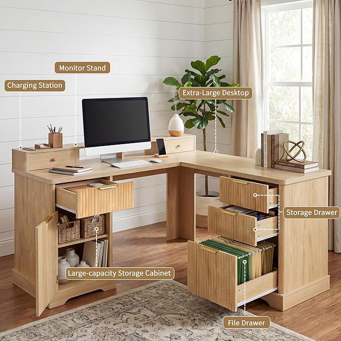 59 L-Shaped Desk with Storage File Drawers Executive Computer Gaming Home Office Desks with Charging Station Corner Work Writing Desk with Monitor Stand Removable Support Shelf (Oak)