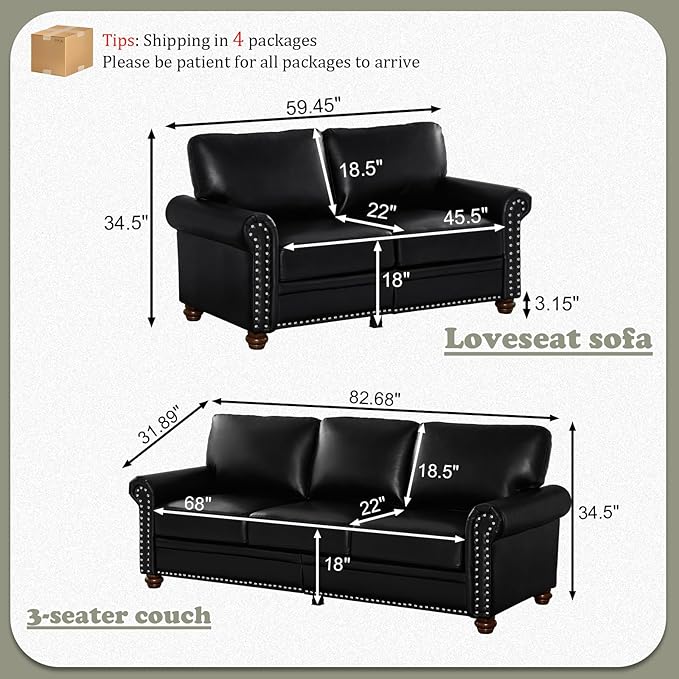 Antetek 2-Piece Comfy Upholstered PU Leather Sofa Couch Set Mid-Century Modern Loveseat Sofa+3 Seater Couch with Storage Space for Living Room Furniture Set Black