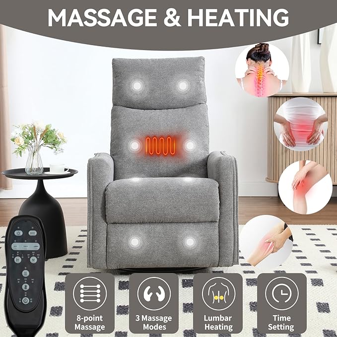 360°Swivel in Fabric Reclining ChairsHeat Massage Manual Recliner ChairSmall Recliners SpacesSingle Lazyboy Recliner Sofa for Living RoomRVBedroomGrey