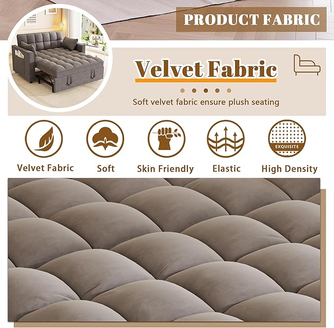 3 in 1 Convertible Sleeper Sofa Bed 52'' Velvet Pull Out Couch Bed with Comfy Pillows &amp Adjustable Backrest/Side PocketsFuton Loveseat Sleeper Sofa for Small Spaces Living Room Bedroom (Dark Gre