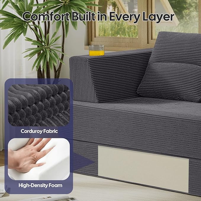 COMAX Futon Sofa Bed Queen 79 Convertible Sofa Bed Couches for Living Room 4 in 1 Folding Boneless Sleeper Corduroy Couch Loveseat Foam in a Box Comfy Foldable Lounge Fold Out Floor Mattress Grey