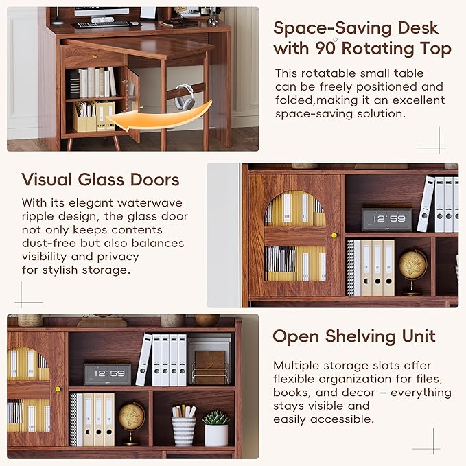 Bellemave L Shaped Executive Desk with 90° Rotating Desktop Farmhouse l Shaped Table Home Office Desk with Storage Cabinet and Shelf Farmhouse Corner Table with Drawers Walnut