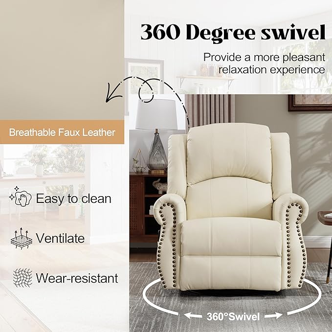Leather Manual 360° Swivel Rocker Recliner for Adults Gulider Reclining Chair for Living Room with Vibration Massage and Lumbar Heat Side Pockets Faux Leather Beige