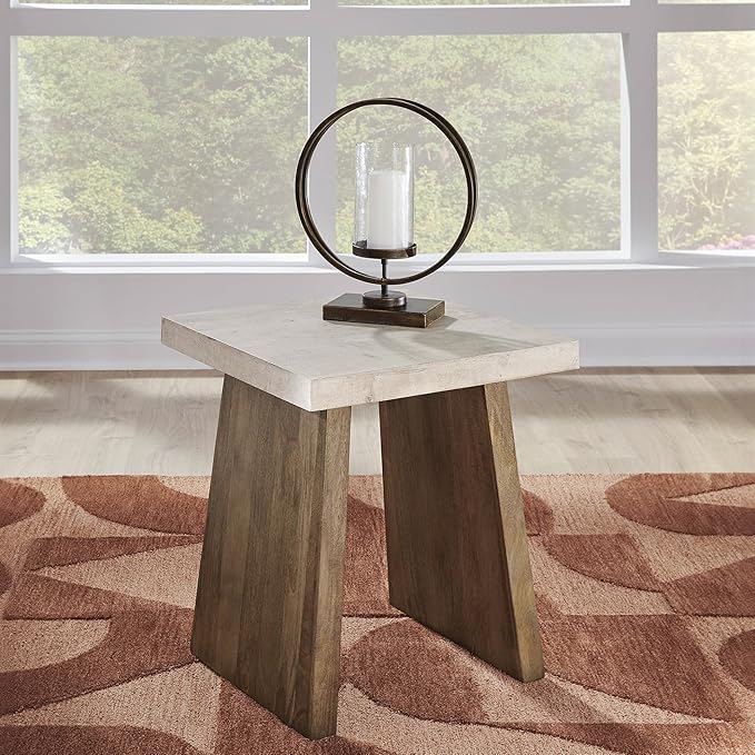Signature Design by Ashley Brendalhouse Casual End Table with Faux Cement Top and Double Plinth Base Solid Mango Wood Melamine Laminate Casually Cool Design Light Brown &amp White
