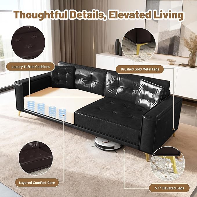 92 King Pull Out Sofa Bed PU Leather Convertible Sleeper Couch with Tufted Design Oversized 4-Seater Modern Mid Century Sectional Couch for Living Room Small Spaces Black