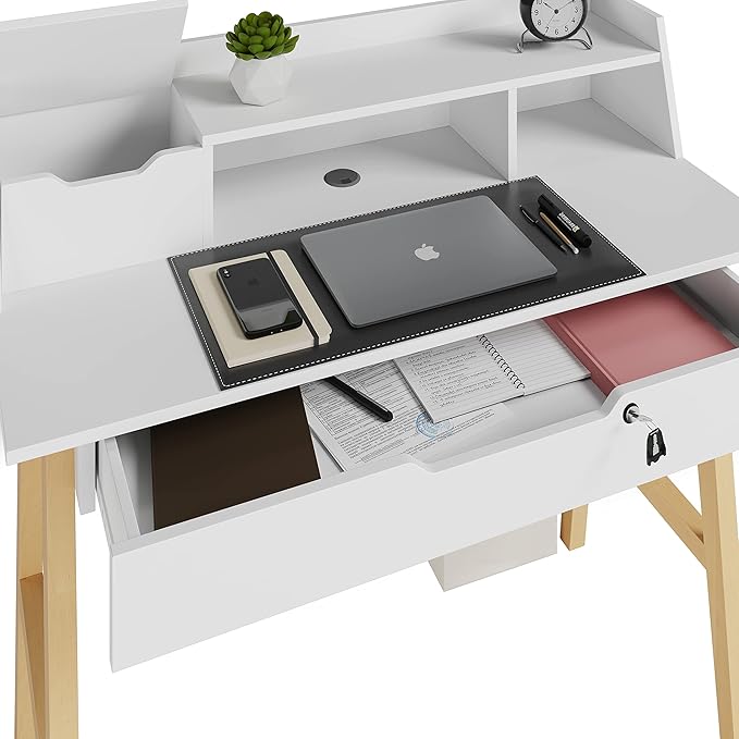 Modern Design Roma Small Desk for Bedroom 40 inch White Writing Desk with Hutch and Locking Drawer by Crafts and Comfort
