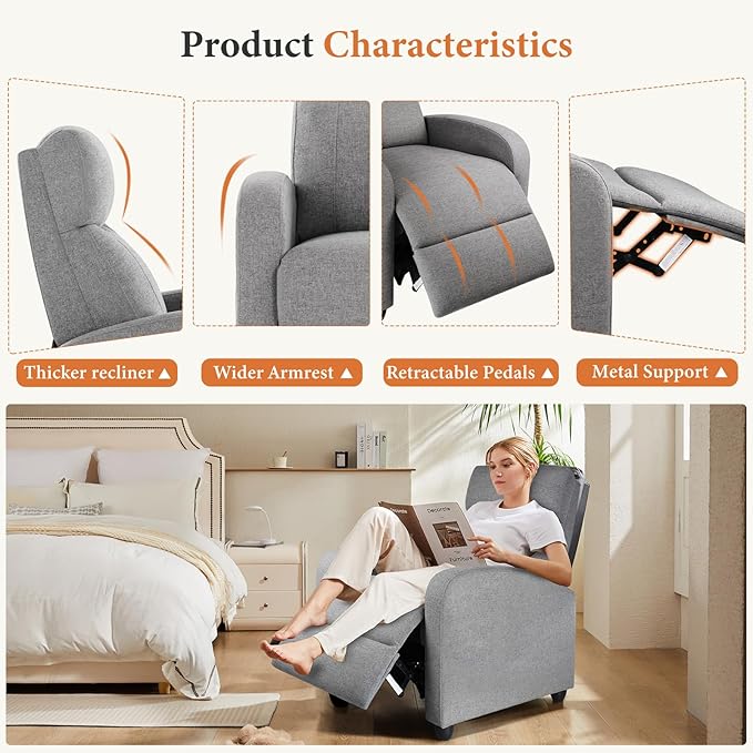 Sweetcrispy Recliner Chair Fabric Recliner Sofa No Massage Home Theater Seating with Lumbar Support Adjustable Push Back Overstuffed High-Density Sponge Reclining for Living Room Slate Gray