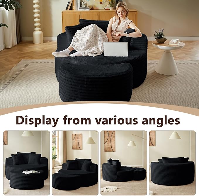 55''W Oversized Round Lounge Chair with Ottoman Modern Corduroy Accent Chair Upholstered Boneless Deep Seat for Living Room or Bedroom No Assembly Required (Corduroy Black)