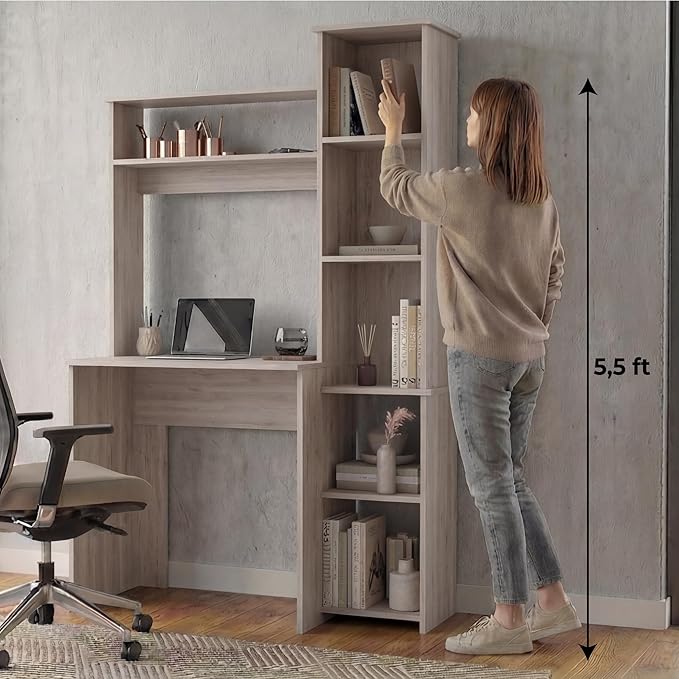 Tuhome Versalles Writing Desk with Two Superior Shelves Five Side Open Storage Compartments Space-Saving Modern Workstation Design for Studios and Offices Ideal for Organization