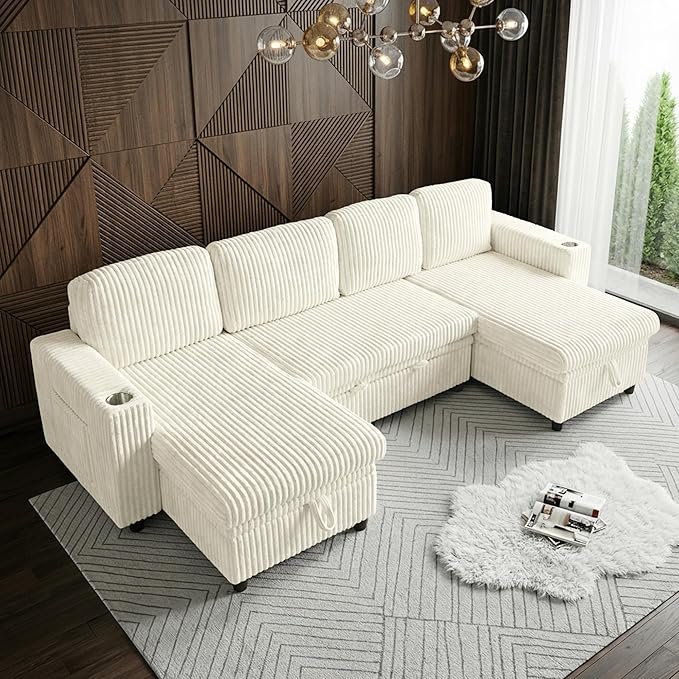 Sectional Couches for Living Room Sectional Sleeper Sofa with Pull Out Bed Modular Corner Sofa with Storage Convertible Sofa Bed for Living Room Bedroom and Apartment Beige