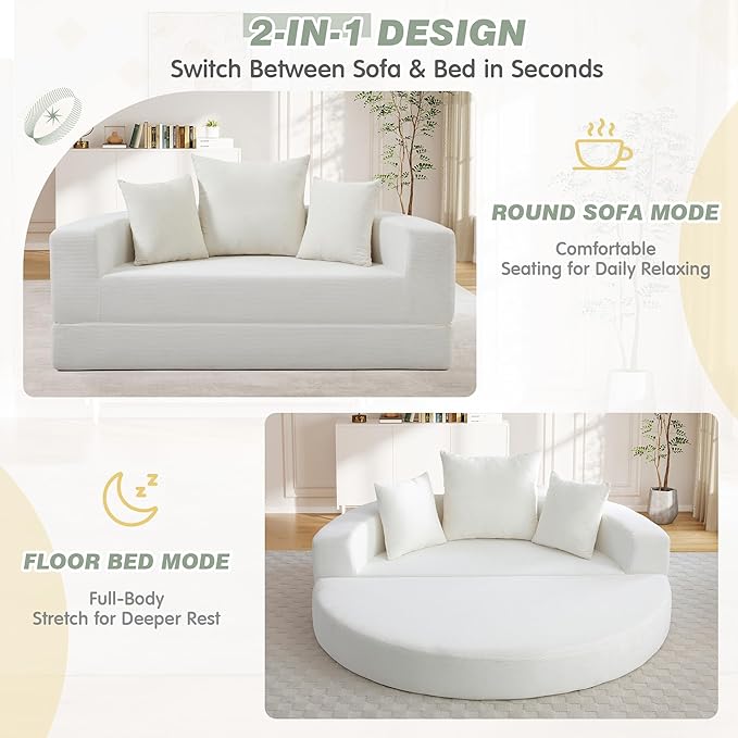 TTK 67” Oversized Round Sofa Bed 2 in 1 Convertible Circle Bed Folding Futon Lazy Floor Round Chaise Lounge Chair Comfy Corduroy Boneless Loveseat Couch for Living Room Apartment No Assembly (Beige)
