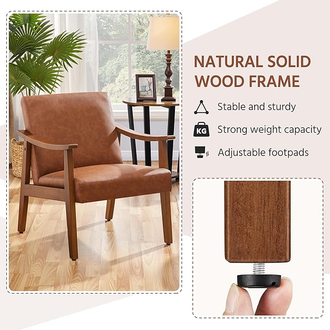Yaheetech PU Leather Accent Chair Mid-Century Modern Armchair with Solid Wood Legs Reading Leisure Chair with High Back for Living Room Bedroom Waiting Room Light Brown