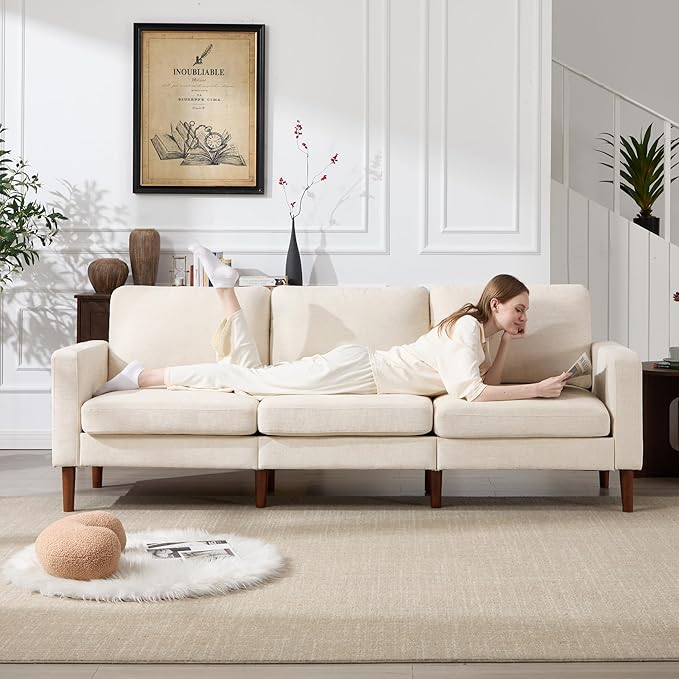 Kingfun 91.7 3 Seater Sofa Chenille Couch Mid Century Modern Couches with Solid Wood Legs for Living Room &amp Bedroom Beige