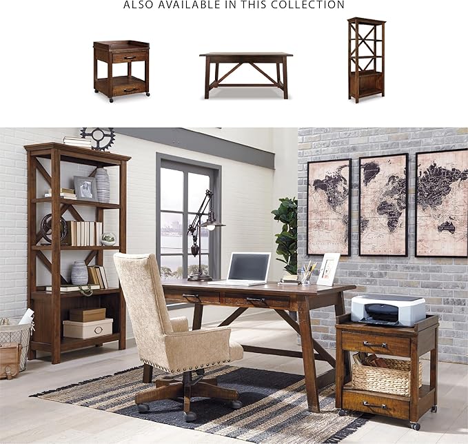 Signature Design by Ashley Baldridge Home Office Desk Rustic Industrial Desk With Drawers Wood Construction Smooth-Gliding Storage for Workspaces Ideal Office Desk for Home Offices Brown