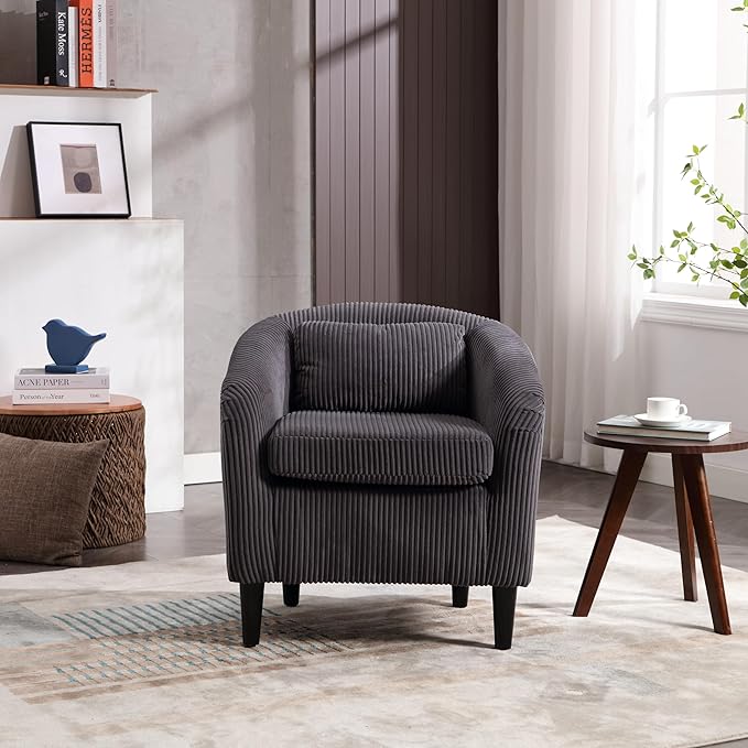 Living Room Accent Barrel Chair Century Modern Style Decorative Chair Armchair for Living Room with Thick Cushions and Pillows Comfy Single Sofa Chair Chair with Wooden LegsDark Grey