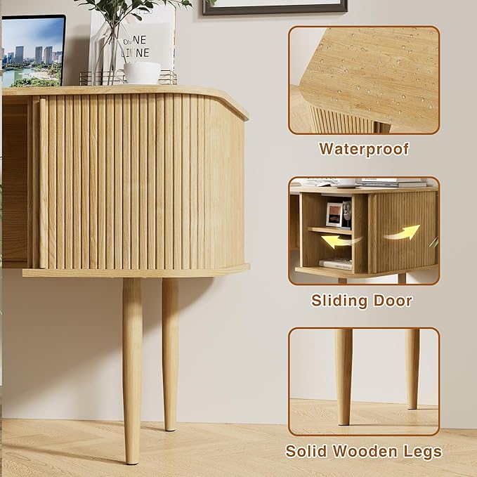55 Modern Writing Desk with Sliding Doors Wood Home Office Desk with Storage Computer Desk for Study Living Room Dorm Natural
