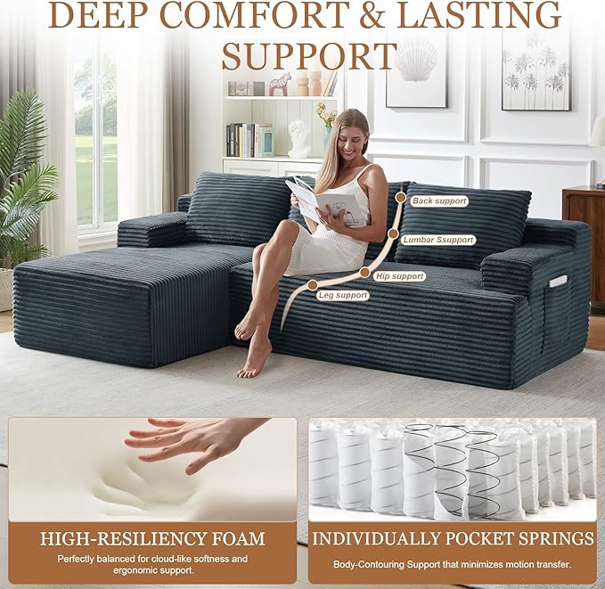 97 Cloud Sectional Couch Modern Boneless Couch with L-Shape Chaise Deep Seat Modular Sectional Sofa Corduroy Corner Foam Couches for Living RoomNo Assembly Required(Dark Gray Left Chaise)