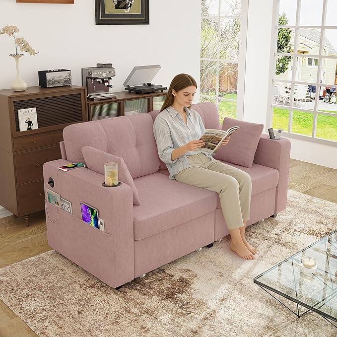 67 Small Loveseat Couch with Storage USB Charging and Cup Holder Space Saving Furniture Modern Chenille Love Seat Sofa Small Couches for Small Spaces Bedroom Apartment Pink