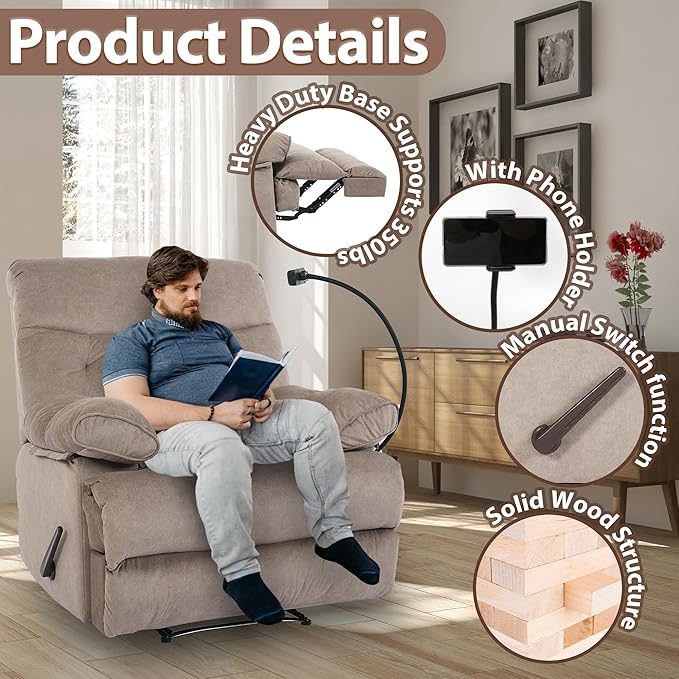 Manual Oversized Recliner Chair for Heavy Duty Adults 400lbs Extra Wide Recliner with Phone Holder Big Man Recliners for Living Room Bedroom Nursery RV Brown