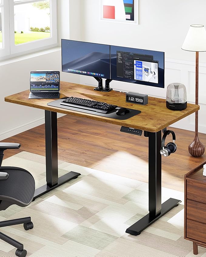 HUANUO Electric Standing Desk 55 x 28 Height Adjustable Desk 4 Memory Height Settings Sit to Stand Up Desk for Home Office with Headphone Hook Cable Manager Rustic Brown