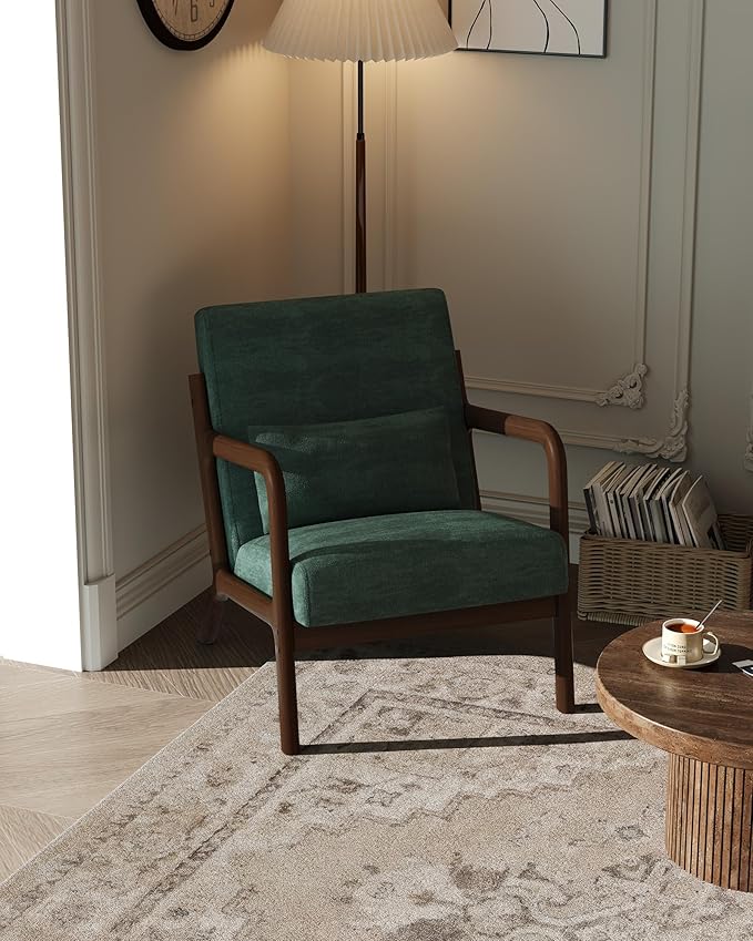 Garvee Mid-Century Modern Accent Chair Chenille Upholstery Solid Wood Armchair with Removable Lumbar Pillow Sturdy Reading Chair for Living Room Bedroom Guest Room Easy Assembly Green