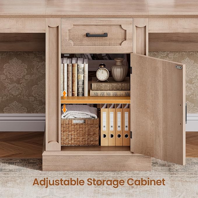 SEDETA Farmhouse 110.3 Two Person Desk with 7 Drawers Long Computer Desk with Storage Cabinet 2 Person Desk with Power Outlets for Home Office Natural Oak