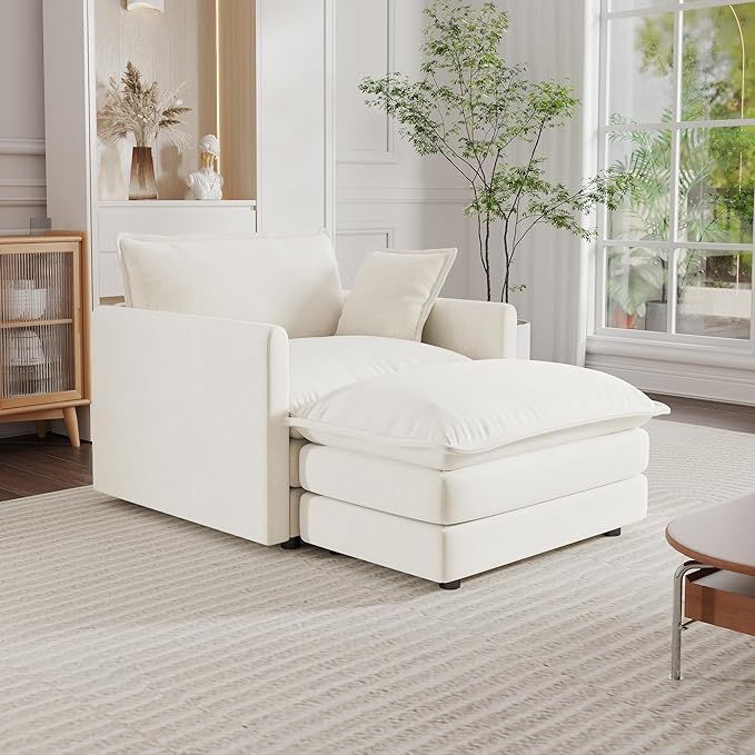 Setawix Movable Ottoman for Modular Sectional Sofa Modern Chenille Upholstered Cloud Deep Seat Sofa Couch for Living Room Bedroom Office Apartment Beige
