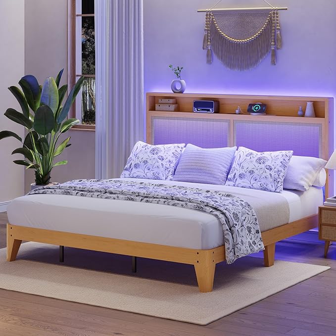GAOMON Rattan Bed Frame Full Size with RGB LED Light &amp Charging Station Boho Rattan Full Bed Frame with 2 Tier Storage Headboard Sturdy Wooden Slats Support Under Bed Storage No Box Spring Nee