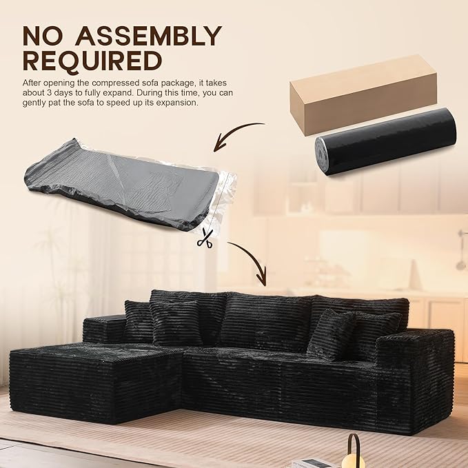 108 Boneless Cloud Couch Moudular Sectional Sofa with Deep Seat No Assembly Required Modern Minimalist Sofas with Chaise Comfy L Shaped Couches for Living Room Black