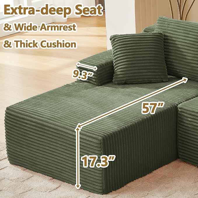 103'' Boneless Cloud Couches for Living Room Corduroy L Shaped Modular Sectional Sofa Couch W/Deep Seat &amp High-Back Comfy Memory Foam Couch Sofa in A Box (Saga Green Left Facing Chaise)