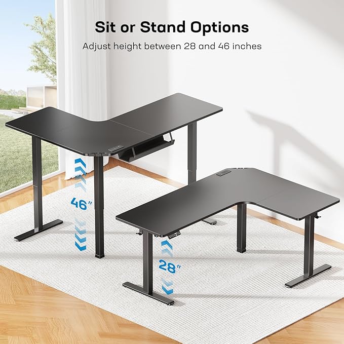 HUANUO 63″ Dual Motor L-Shaped Standing Desk Built-in Power Outlets Electric Height Adjustable Corner Computer Desk Large Power Strip Holder Sit Stand Up Desk with 3 Preset Heights Black