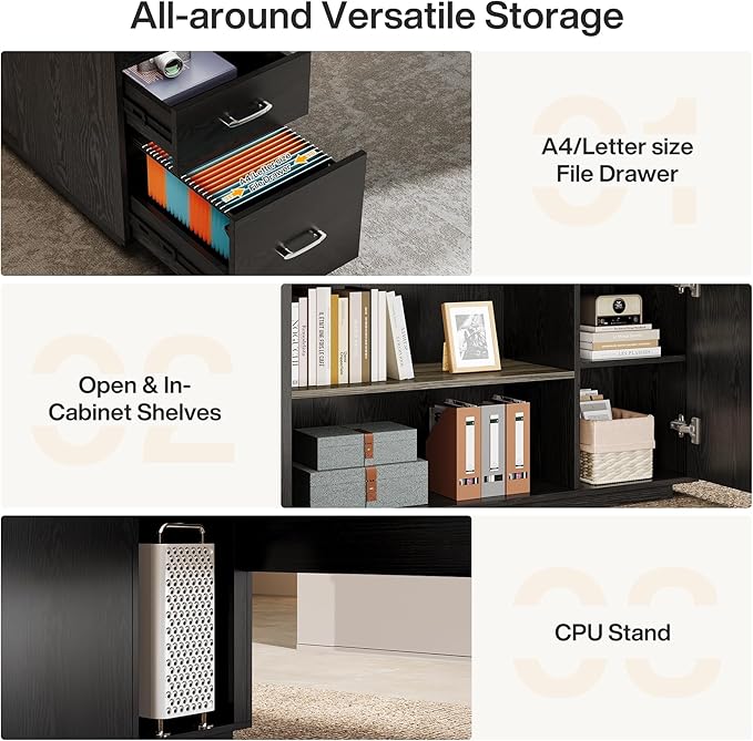 Tribesigns 85.8-Inch L-Shaped Executive Desk with File Drawers Door Cabinet &amp Shelves Extra Large Commercial Office Desk Modern Professional Office Table Business Furniture Grey &amp Black