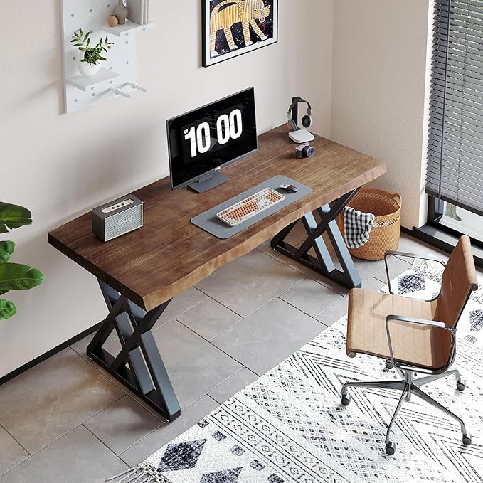 Solid Wood Computer Desk Study Office Desk 55 Writing Desk Modern Simple Style PC Table Black Metal Frame Solid Wood Planks 55 D x 27 W x 29 H for Home Office BedroomRustic Brown