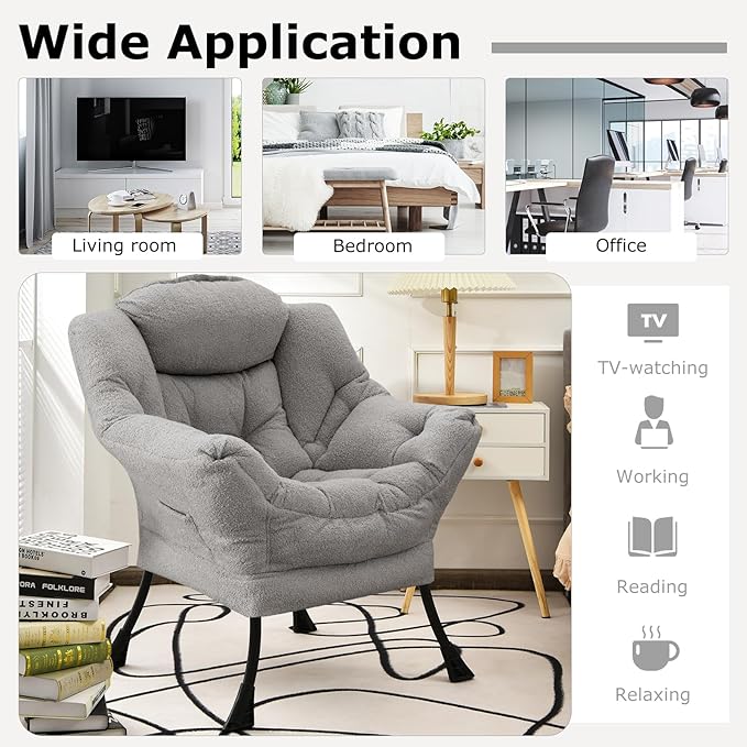 Giantex Lazy Chair Modern Sherpa Accent Chair w/Steel Frame Upholstered Single Sofa Chair w/Armrests &amp Side Pocket Leisure Reading Lounge Chair for Living Room Bedroom Office Dorm (Gray)