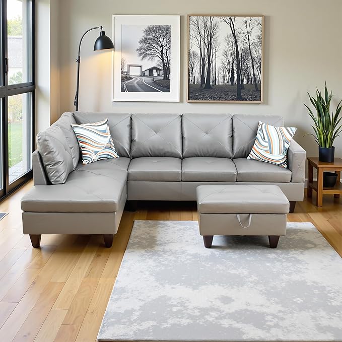 L Shaped Couch Faux Leather Sectional Couches for Living Room Upholstered 3 Pieces Modular Sectional Sofa with Chaise Ottoman with Storage for Living Room and Small Apartment Dark Grey
