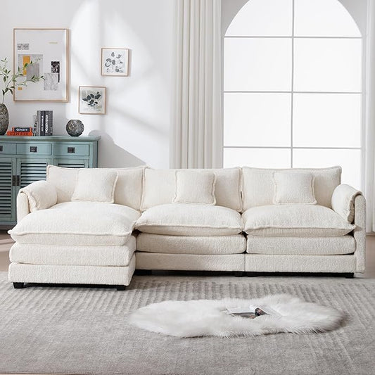 GNIXUU 112 L Shaped Sectional Sofa Cloud Couch for Living Room Oversized Modular Sectional Sofa with Movable Ottoman 4 Seat Chenille Deep Seat Sofa Set with Double Cushion &amp Pillows Beige