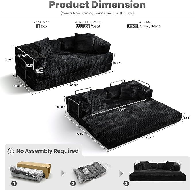 ovios 81 Folding Sofa Bed Foldable Sleeper Boneless Couch with Pull Out Beds Modular Convertible Floor Futon Loveseat Lounger for Living Room (Corduroy Black)