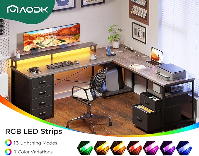 AODK 66 L Shaped Desk 113 Computer Desk with File Cabinet &amp 4 Fabric Drawers Home Office Desk with Monitor Shelf &amp Power Outlet Two Person Desk or Corner Desk Gaming Table with LED Light