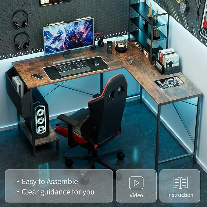 L Shaped Desk Gaming Computer 50 Inch Reversible Corner Table PC Work Table for Writing Study Student with Wood Tabletop Metal Frame CPU Stand Side Bag for Home Office Small Place