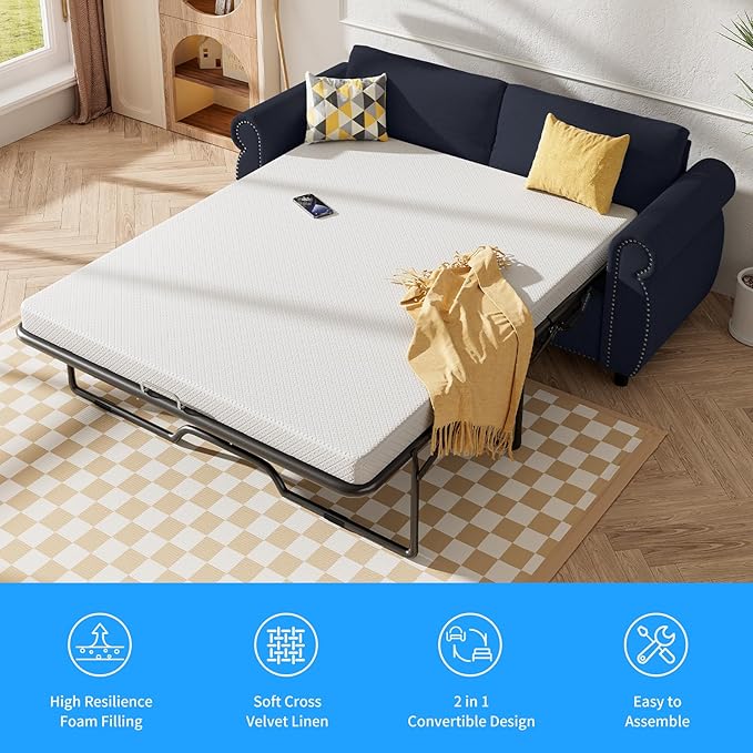 CECER Queen Size Pull Out Sofa Bed 2 in 1 Sleeper Sofa Convertible Couch Bed with Foldable Mattress Pull Out Couch Bed with Upholstered Nailhead for Living Room Apartment-Grey