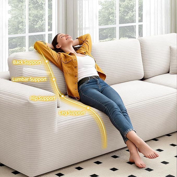 107 Cloud Sectional Couch with Chaise L Shaped Boneless Couch with Deep Seat 3 Seater Corduroy Modular Sectional Sofa for Living Room No Assembly Required （Right Facing Chaise Cream Beige）