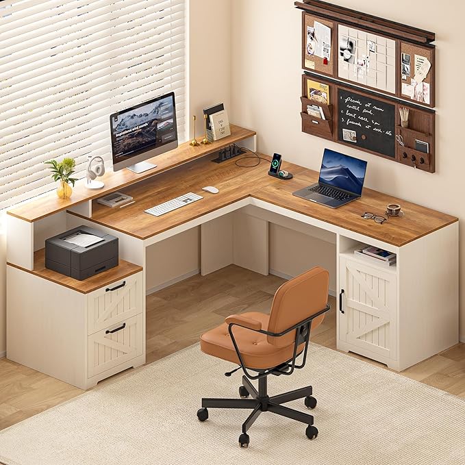 63 Farmhouse L Shaped Executive Desk with Drawers &amp Storage Shelf Corner Computer Desk with Power Outlets L Shaped Office Desk with Monitor Stand Printer Shelf Antique White