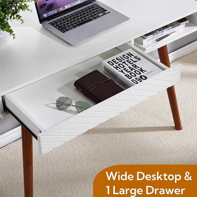GarveeHome 42 in Mid Century Home Office Writing Desk Modern Simple Computer Desk with Drawer and Open Storage Cubby Small Vanity Table Desk for Bedroom White