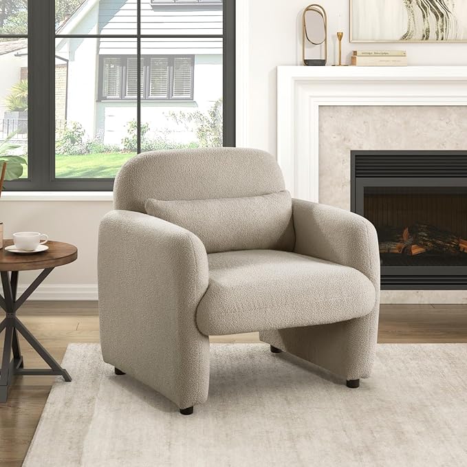 Contemporary Accent Chair Taupe Boucle Fabric Upholstery Plywood Frame Pillow Cozy Living Room Furniture 1pc Comfort Chair