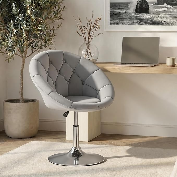 Yaheetech Adjustable Vanity Chair with Round Tufted Back Swivel Velvet Salon Chair for Bedroom Living Room Office Gray